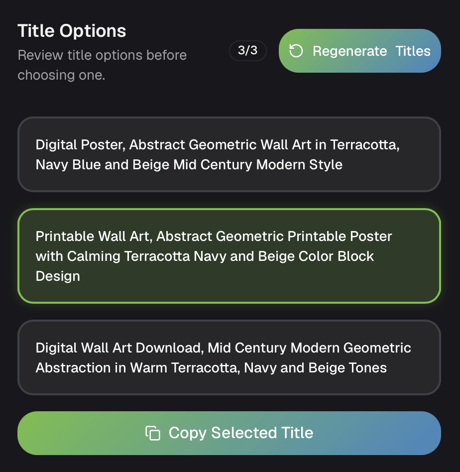 ValorixAI generated Etsy title options section