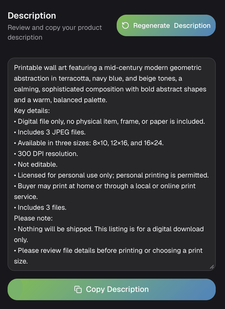 ValorixAI generated Etsy product description section
