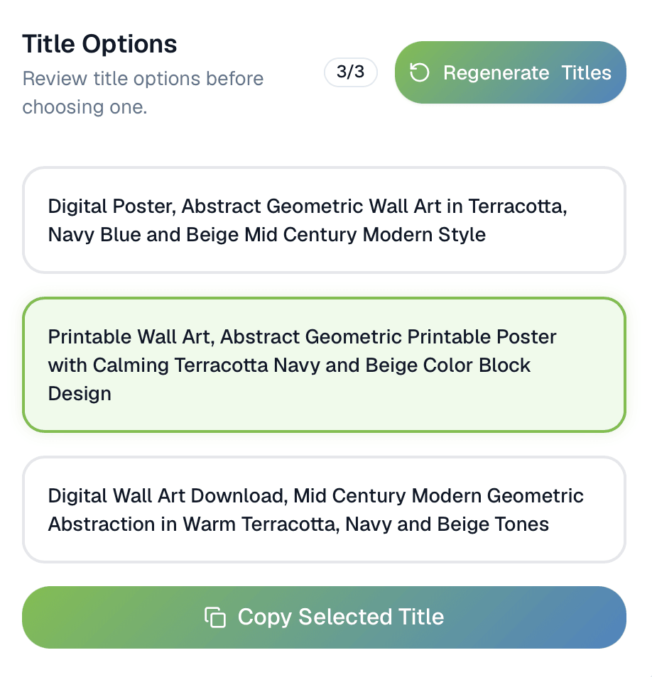 ValorixAI generated Etsy title options section