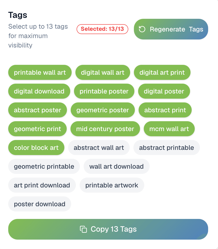 ValorixAI generated Etsy tag suggestions section
