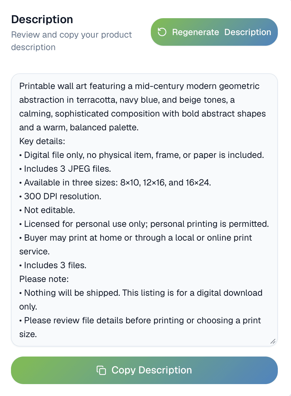 ValorixAI generated Etsy product description section